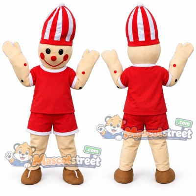 Gingerbread Man Mascot Costume with Red Shirt, Red Shorts and Striped Hat