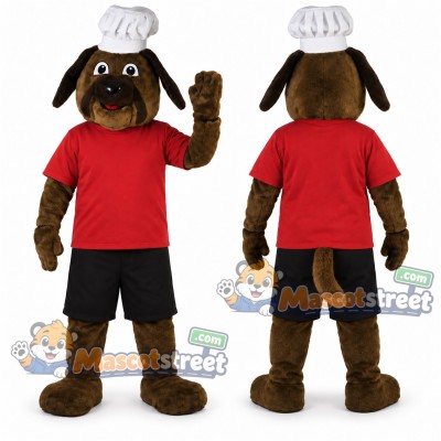 Brown Dog Chef Mascot Costume with Red Shirt, Black Shorts and Chef Hat