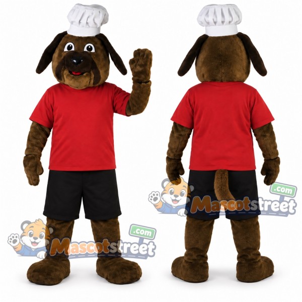 Brown Dog Chef Mascot Costume with Red Shirt, Black Shorts and Chef Hat