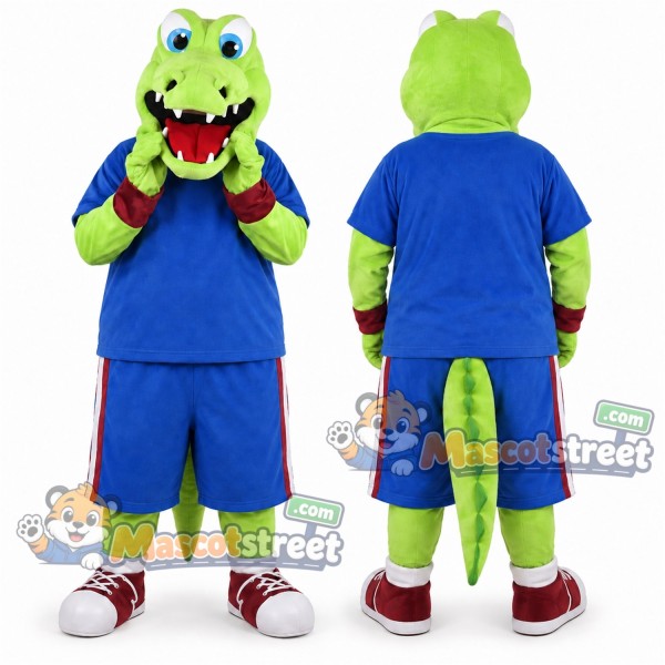 Green Crocodile Mascot Costume with Blue Shirt and Shorts