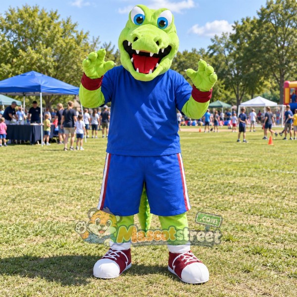 Green Crocodile Mascot Costume with Blue Shirt and Shorts Green Crocodile Mascot Costume with Blue Shirt and Shorts