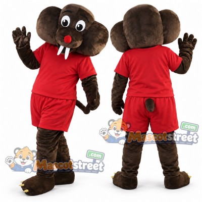 Brown Rodent Mascot Costume with Red Shirt and Shorts