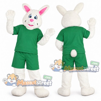 White Rabbit Mascot Costume with Green Shirt and Shorts