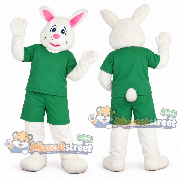 White Rabbit Mascot Costume with Green Shirt and Shorts