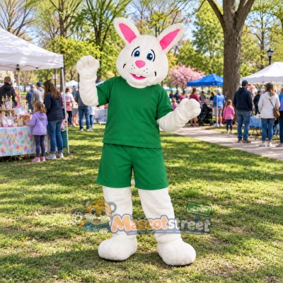 White Rabbit Mascot Costume with Green Shirt and Shorts