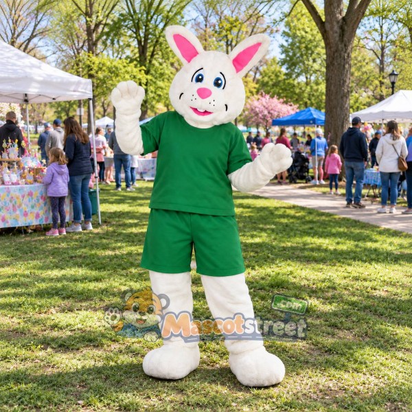 White Rabbit Mascot Costume with Green Shirt and Shorts