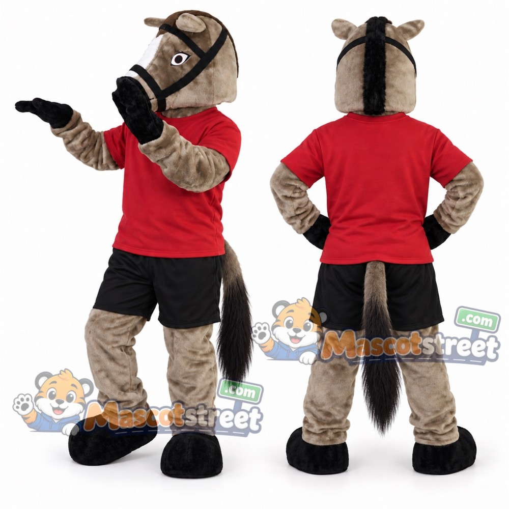 Gray Horse Mascot Costume with Red Shirt and Black Shorts