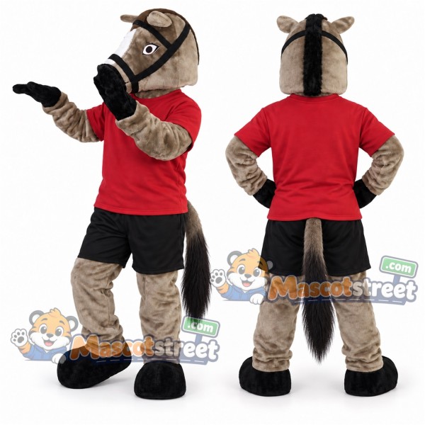 Gray Horse Mascot Costume with Red Shirt and Black Shorts
