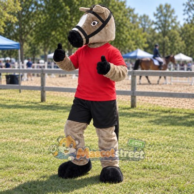 Gray Horse Mascot Costume with Red Shirt and Black Shorts