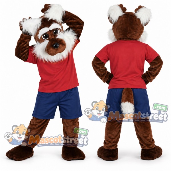 Brown and White Canine Mascot Costume with Red Shirt and Blue Shorts