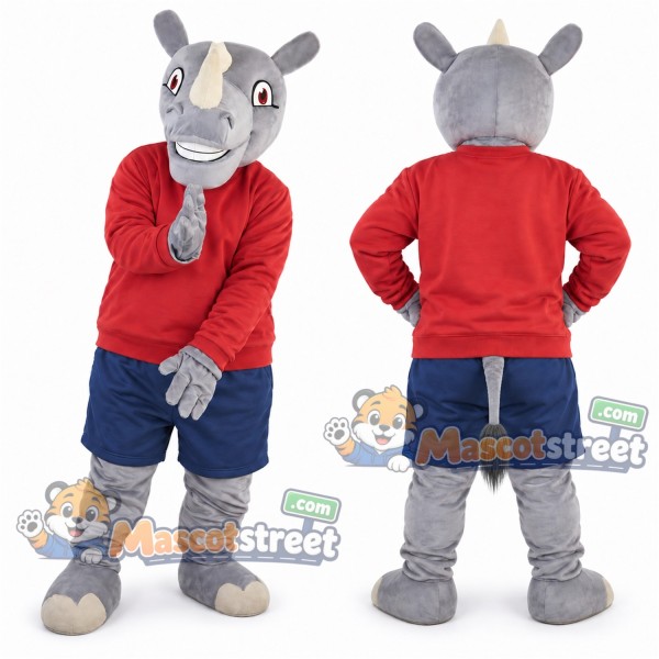 Gray Rhinoceros Mascot Costume with Red Sweatshirt and Navy Shorts