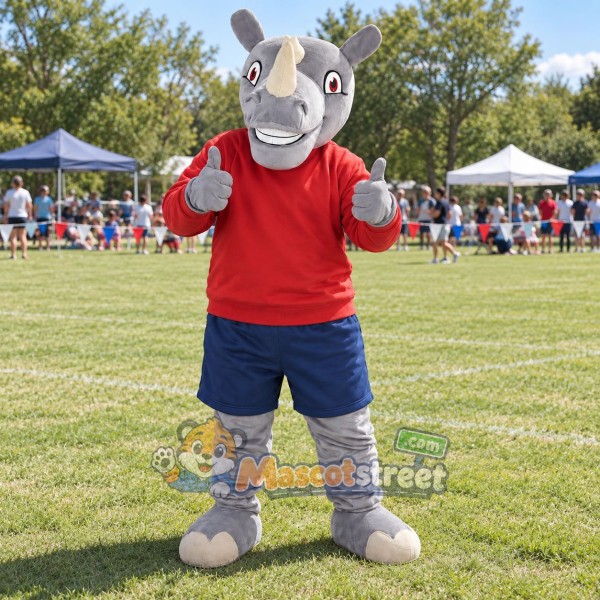 Gray Rhinoceros Mascot Costume with Red Sweatshirt and Navy Shorts
