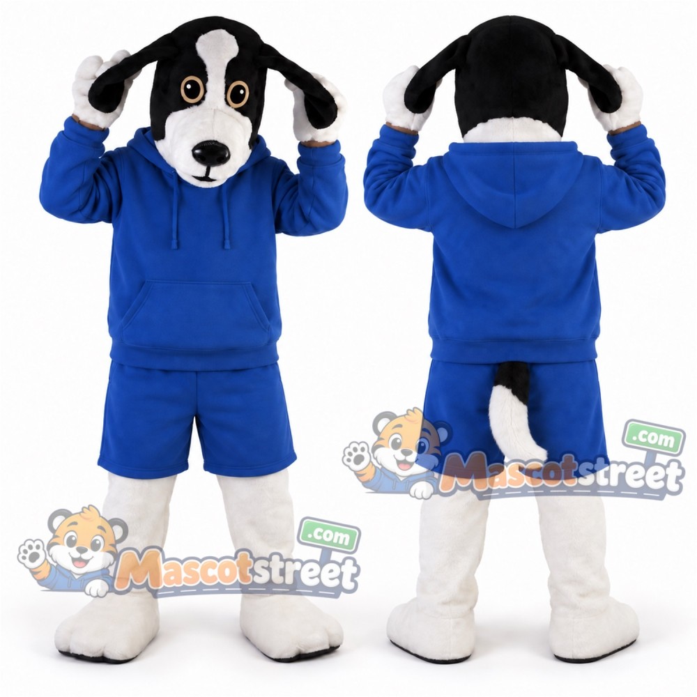 Black and White Dog Mascot Costume with Blue Hoodie and Shorts