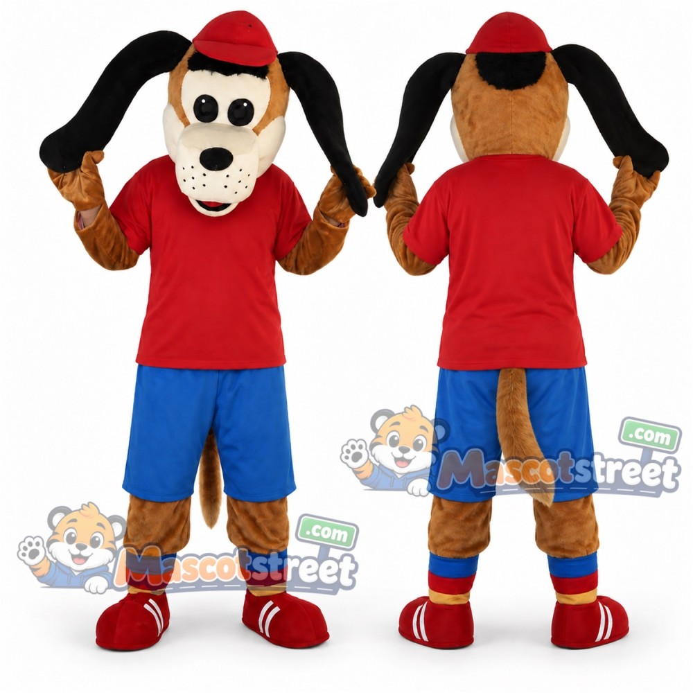 Brown Dog Mascot Costume with Red Shirt, Blue Shorts and Red Cap Brown Dog Mascot Costume with Red Shirt, Blue Shorts and Red Cap