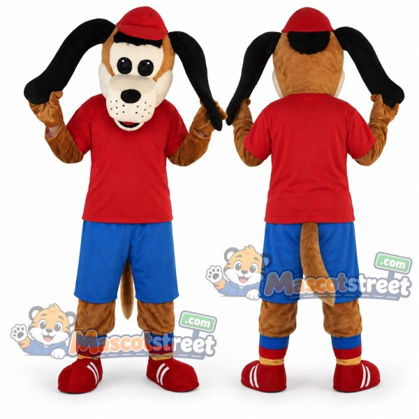 Brown Dog Mascot Costume with Red Shirt, Blue Shorts and Red Cap