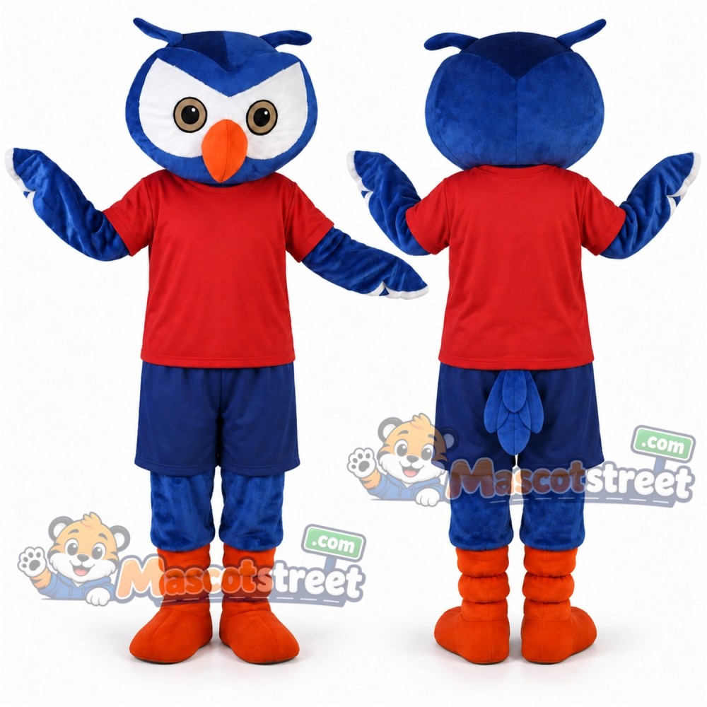 Blue Owl Mascot Costume with Red Shirt and Navy Shorts Blue Owl Mascot Costume with Red Shirt and Navy Shorts