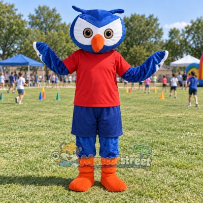 Blue Owl Mascot Costume with Red Shirt and Navy Shorts