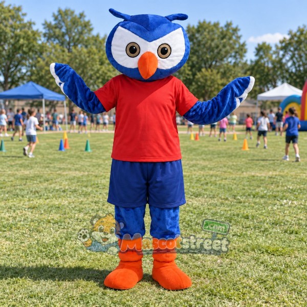 Blue Owl Mascot Costume with Red Shirt and Navy Shorts