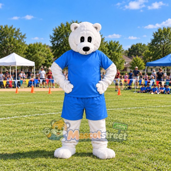 White Polar Bear Mascot Costume with Blue Shirt and Shorts