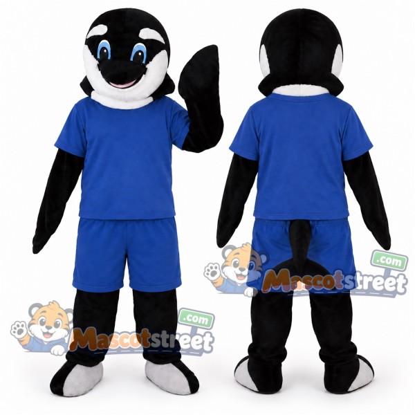 Black and White Orca Mascot Costume with Blue Shirt and Shorts