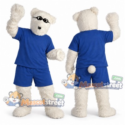 White Polar Bear Mascot Costume with Blue Shirt and Shorts White Polar Bear Mascot Costume with Blue Shirt and Shorts