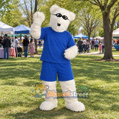 White Polar Bear Mascot Costume with Blue Shirt and Shorts