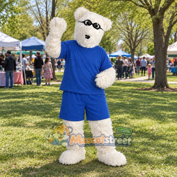 White Polar Bear Mascot Costume with Blue Shirt and Shorts