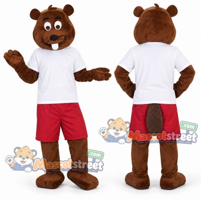 Brown Beaver Mascot Costume with White Shirt and Red Shorts Brown Beaver Mascot Costume with White Shirt and Red Shorts