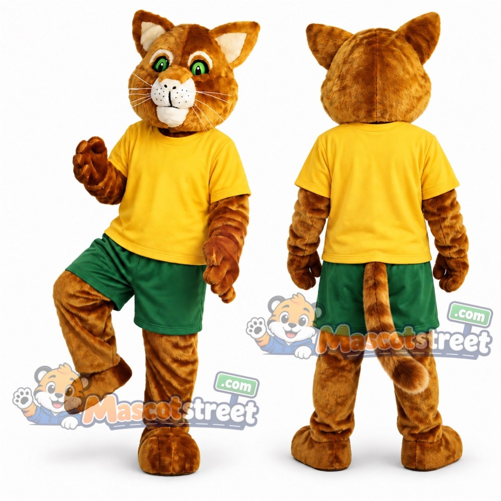 Orange Tabby Cat Mascot Costume with Yellow Shirt and Green Shorts Orange Tabby Cat Mascot Costume with Yellow Shirt and Green Shorts
