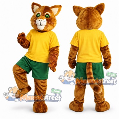Orange Tabby Cat Mascot Costume with Yellow Shirt and Green Shorts Orange Tabby Cat Mascot Costume with Yellow Shirt and Green Shorts