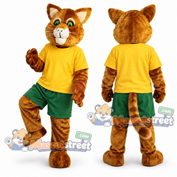 Orange Tabby Cat Mascot Costume with Yellow Shirt and Green Shorts