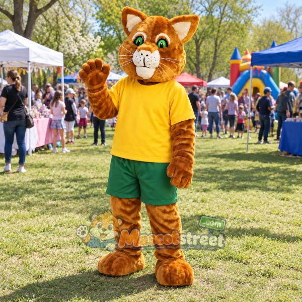 Orange Tabby Cat Mascot Costume with Yellow Shirt and Green Shorts
