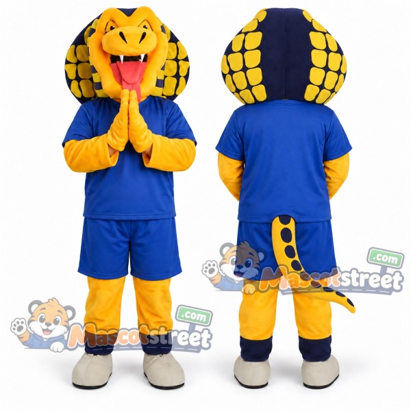 Yellow Cobra Mascot Costume with Blue Shirt and Shorts