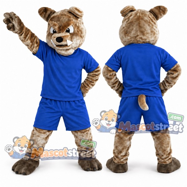 Gray Bulldog Mascot Costume with Blue Shirt and Shorts