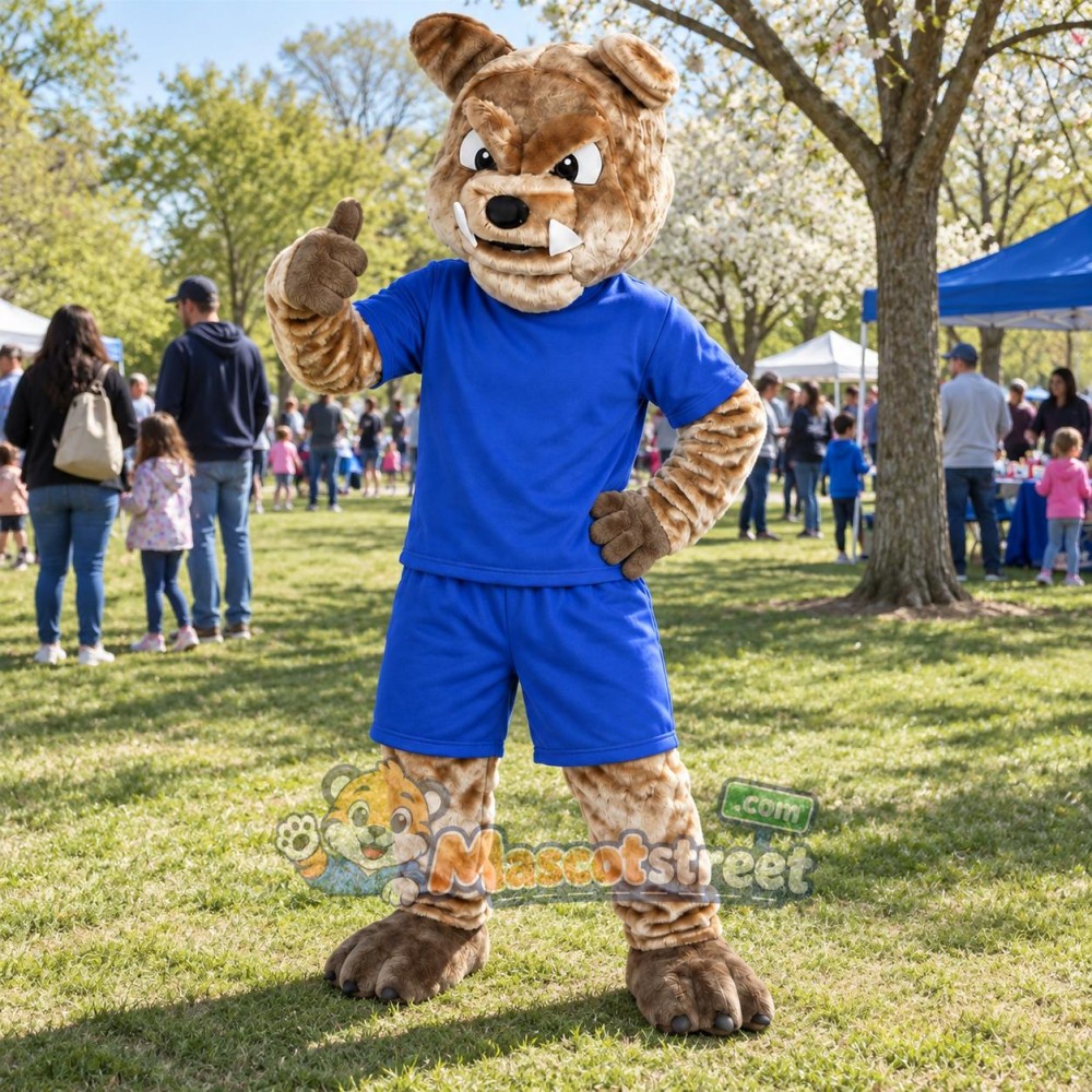 Gray Bulldog Mascot Costume with Blue Shirt and Shorts