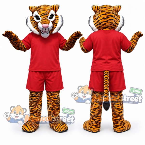 Orange Tiger Mascot Costume with Red Shirt and Shorts