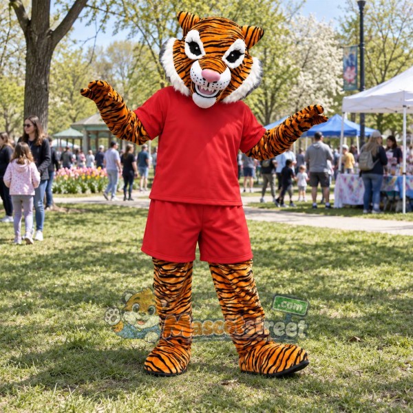 Orange Tiger Mascot Costume with Red Shirt and Shorts