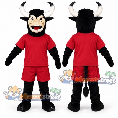 Black Bull Mascot Costume with Red Shirt and Shorts