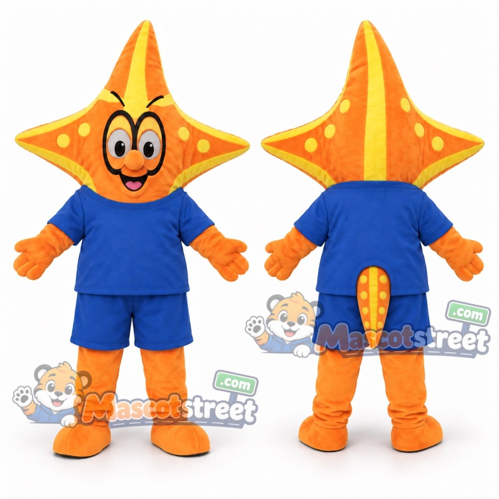 Orange Starfish Mascot Costume with Blue Shirt and Shorts Orange Starfish Mascot Costume with Blue Shirt and Shorts
