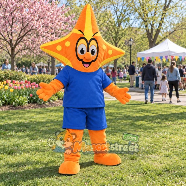 Orange Starfish Mascot Costume with Blue Shirt and Shorts