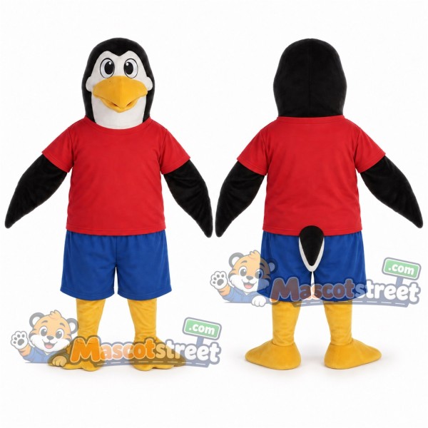Black and White Penguin Mascot Costume with Red Shirt and Blue Shorts