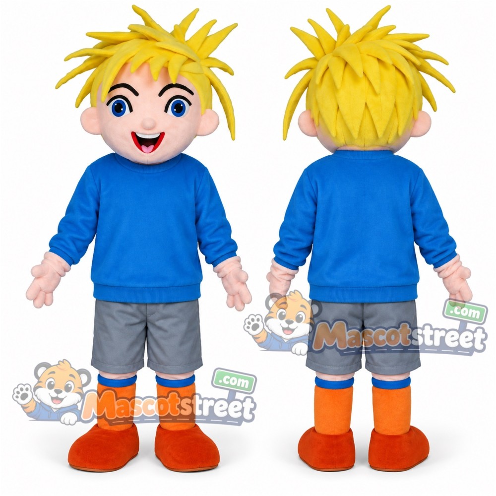 Blond Boy Mascot Costume with Blue Sweatshirt and Gray Shorts Blond Boy Mascot Costume with Blue Sweatshirt and Gray Shorts