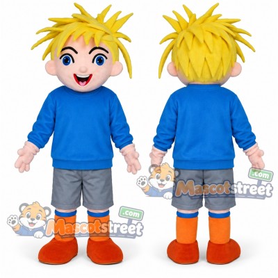 Blond Boy Mascot Costume with Blue Sweatshirt and Gray Shorts Blond Boy Mascot Costume with Blue Sweatshirt and Gray Shorts