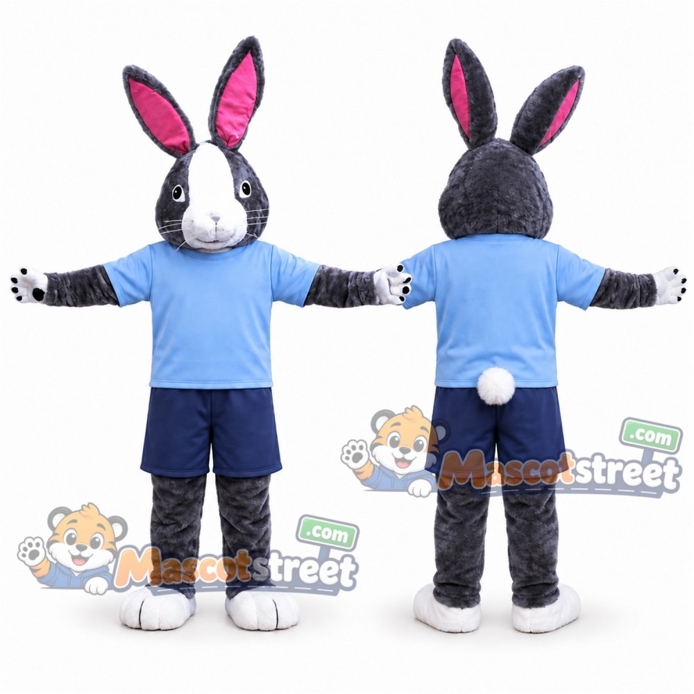 Gray Rabbit Mascot Costume with Light Blue Shirt and Navy Shorts Gray Rabbit Mascot Costume with Light Blue Shirt and Navy Shorts