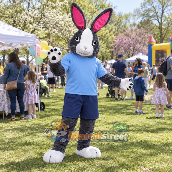 Gray Rabbit Mascot Costume with Light Blue Shirt and Navy Shorts