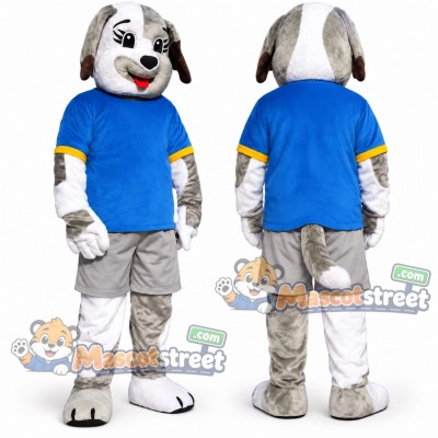 Gray and White Dog Mascot Costume with Blue Shirt and Gray Shorts