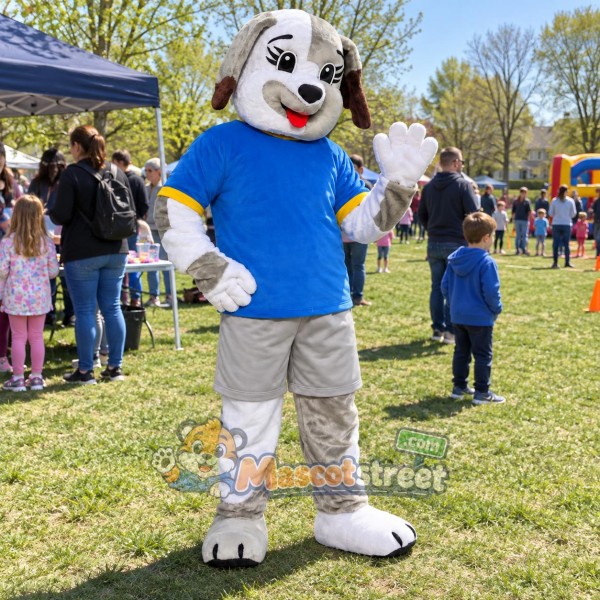 Gray and White Dog Mascot Costume with Blue Shirt and Gray Shorts