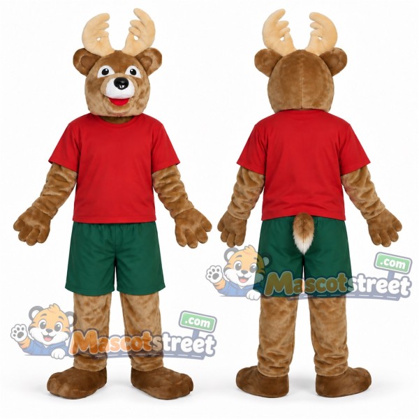 Brown Reindeer Mascot Costume with Red Shirt and Green Shorts