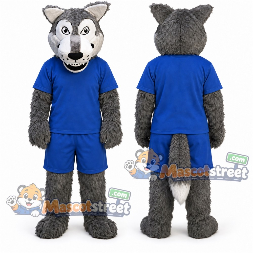 Gray Wolf Mascot Costume with Blue Shirt and Shorts Gray Wolf Mascot Costume with Blue Shirt and Shorts