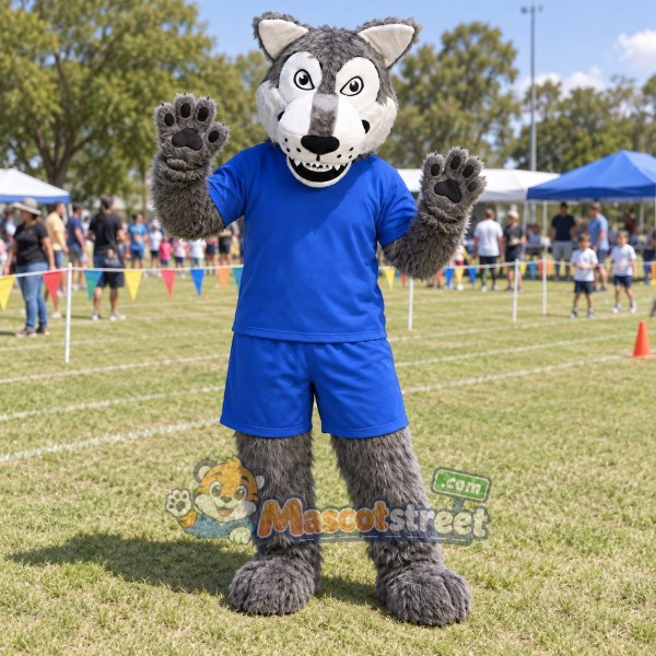Gray Wolf Mascot Costume with Blue Shirt and Shorts